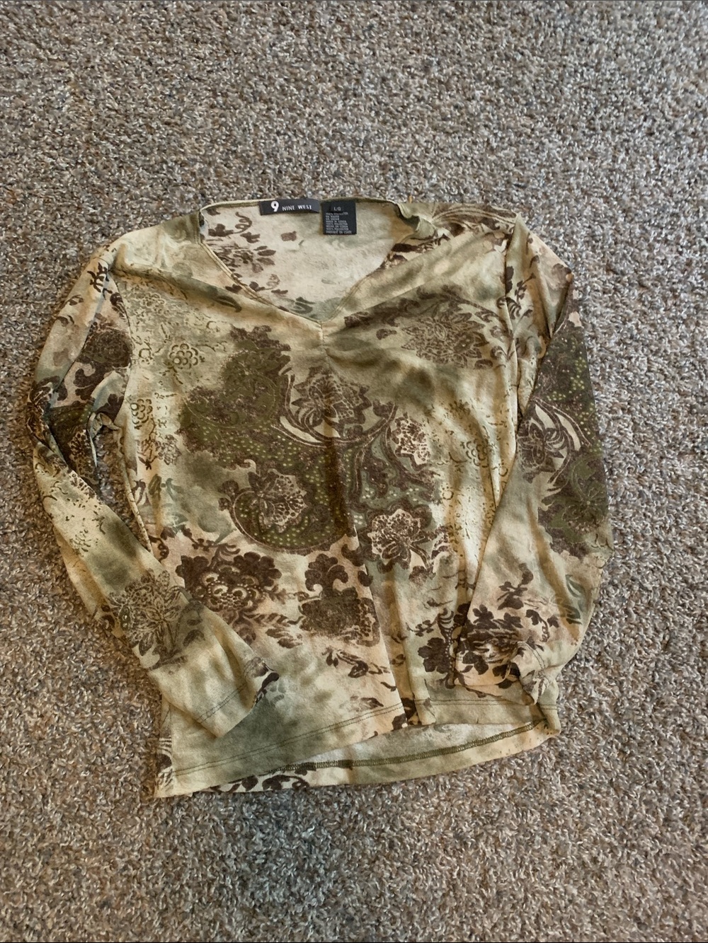 Nine West Olive Green & Brown Floral V-Neck Long Sleeve Top
